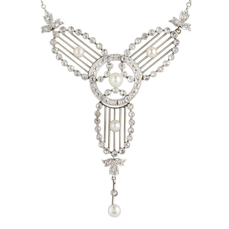 Art Deco Diamond & Pearl Set Necklace in Platinum
